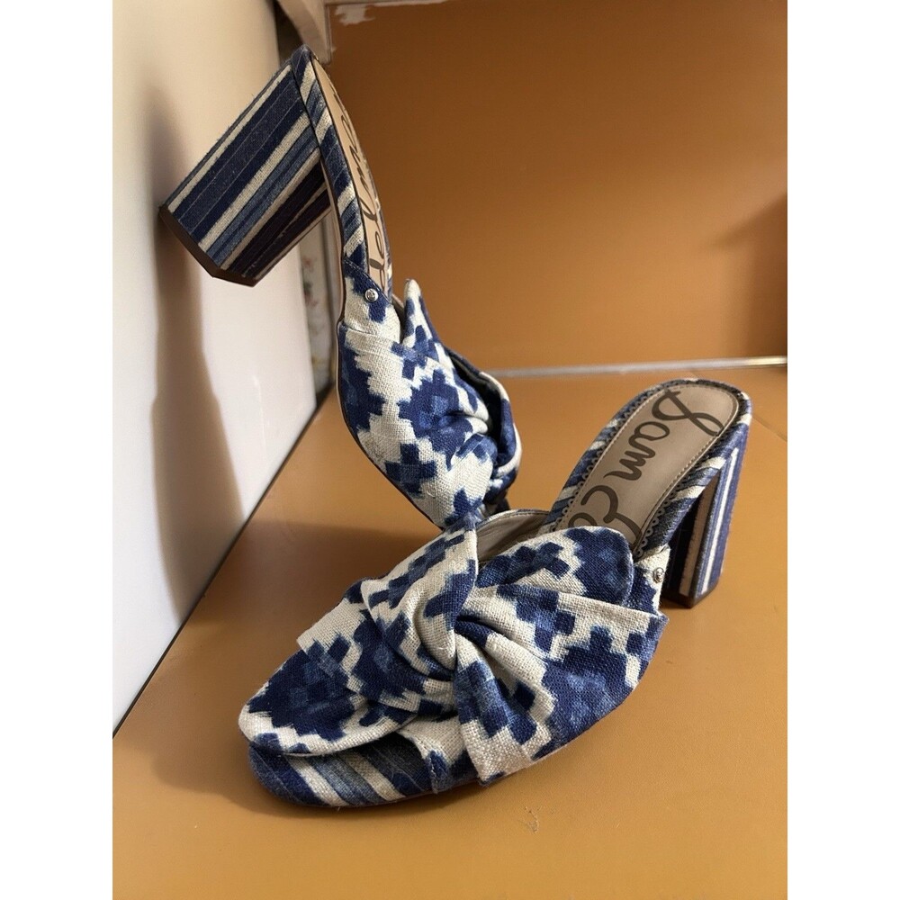 Sam Edelman Oda Ikat Print Blue & White Mules Block Heels Sandals Slides Sz 10